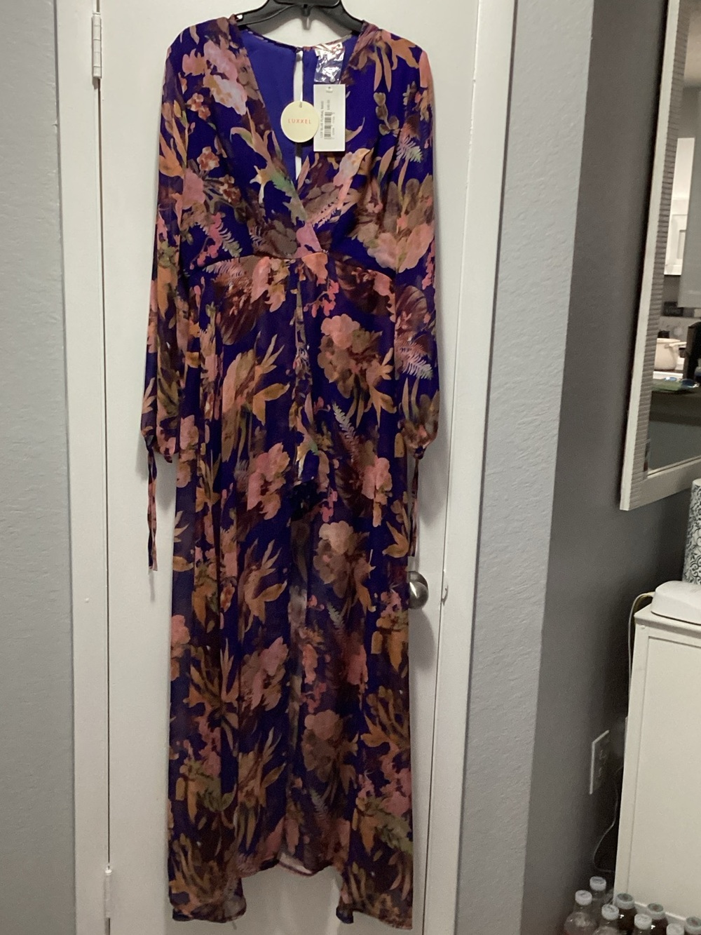 Luxxel Royal Blue Floral Maxi Dress With Short under And Pink and Tan Blooms
